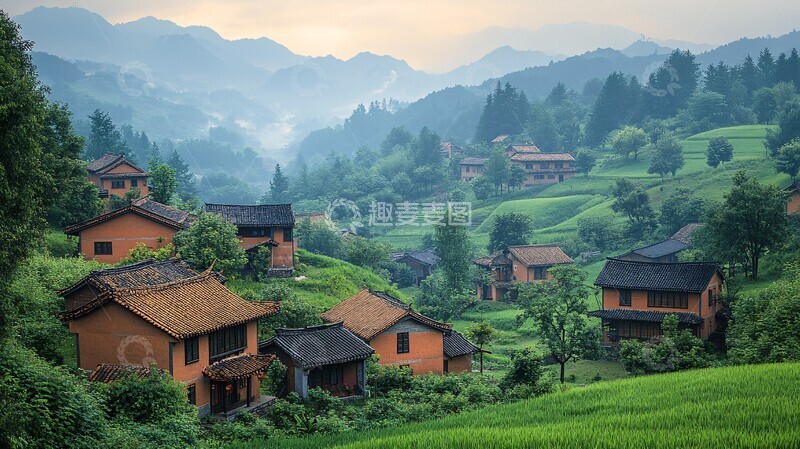 高清大图下载【趣麦麦图】绿野山间古村景1