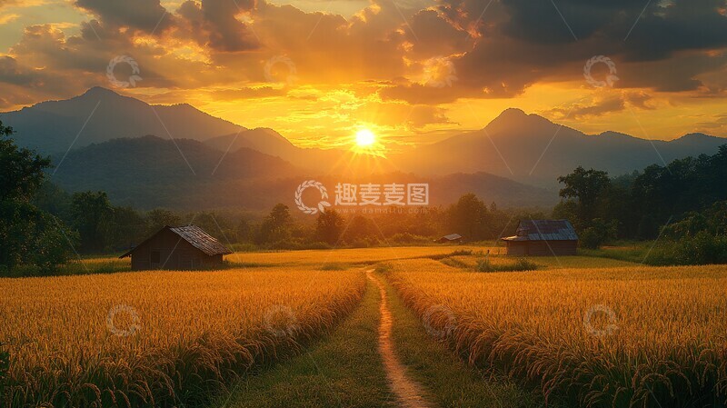 高清大图下载【趣麦麦图】稻田远山乡村路1