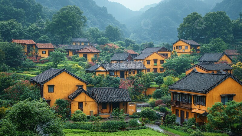 高清大图下载【趣麦麦图】绿野山间古村景