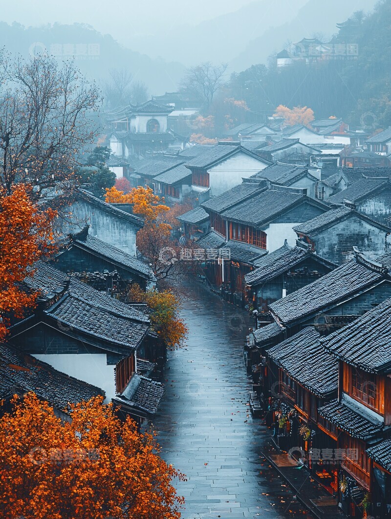 高清大图下载【趣麦麦图】白墙黑瓦映山色1