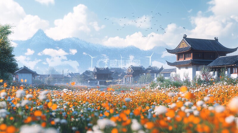 高清大图下载【趣麦麦图】油菜花与徽派建筑