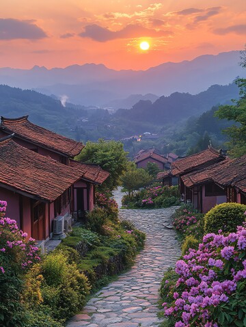 古村夕阳下的宁静