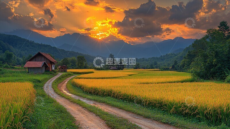 高清大图下载【趣麦麦图】稻田远山乡村路3