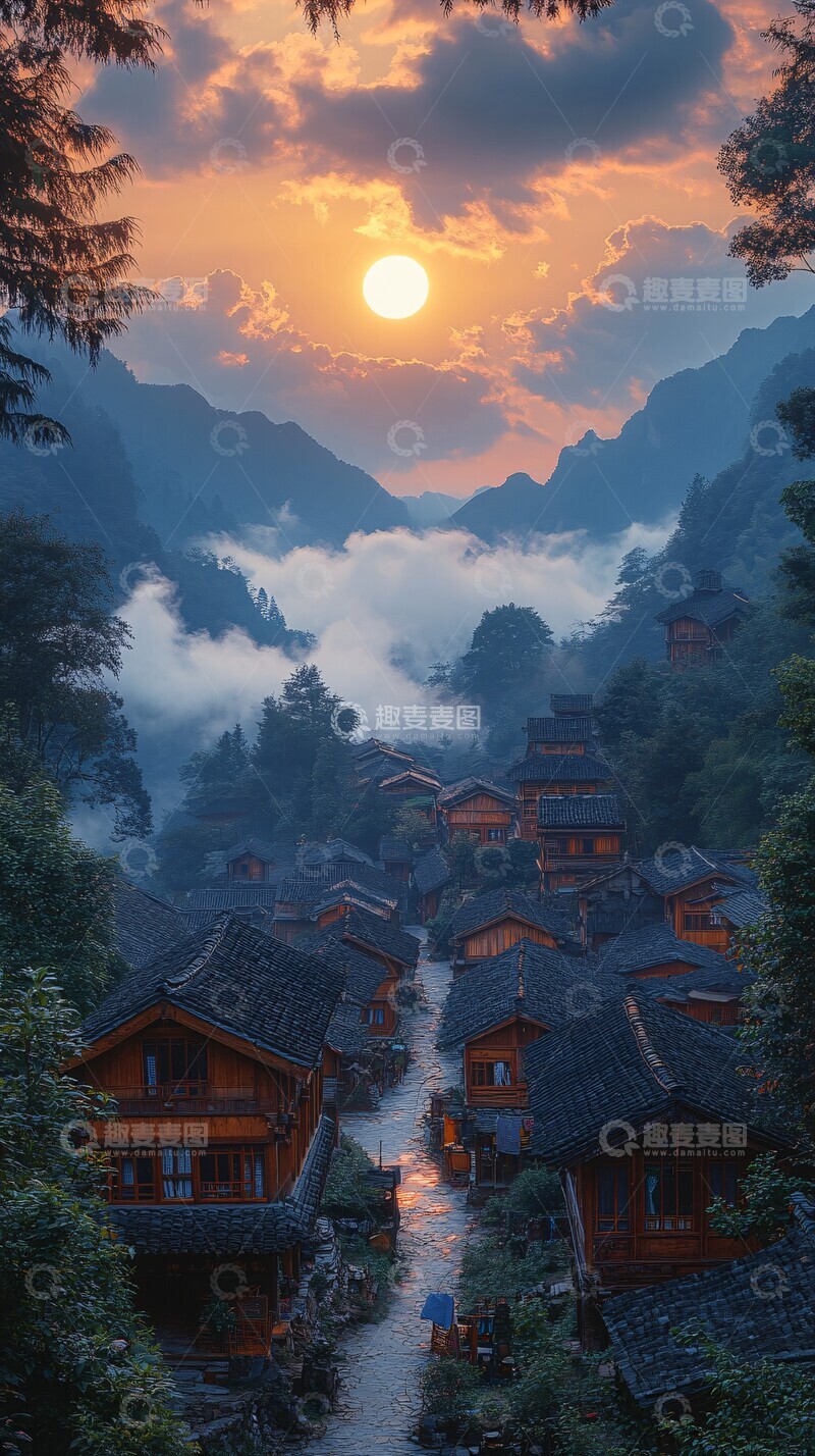 高清大图下载【趣麦麦图】木屋梯田云霞2