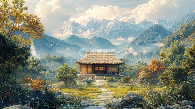 高清大图下载【趣麦麦图】茅屋茶园前茅屋茶园山景