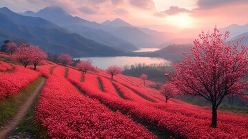 桃花李花映山湖