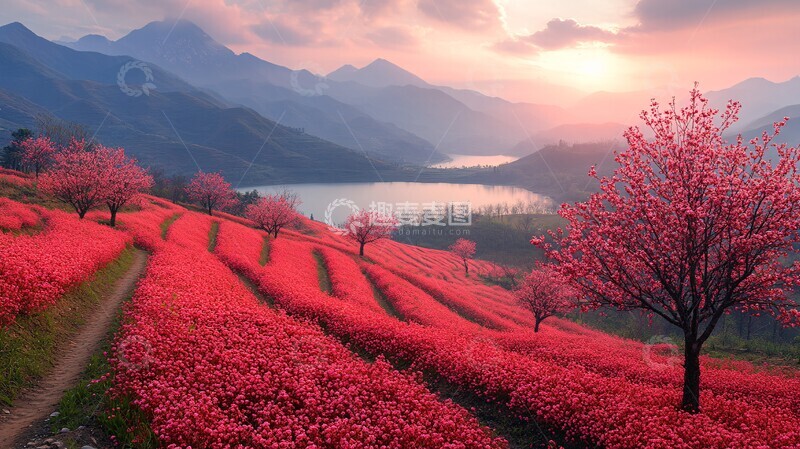高清大图下载【趣麦麦图】桃花李花映山湖