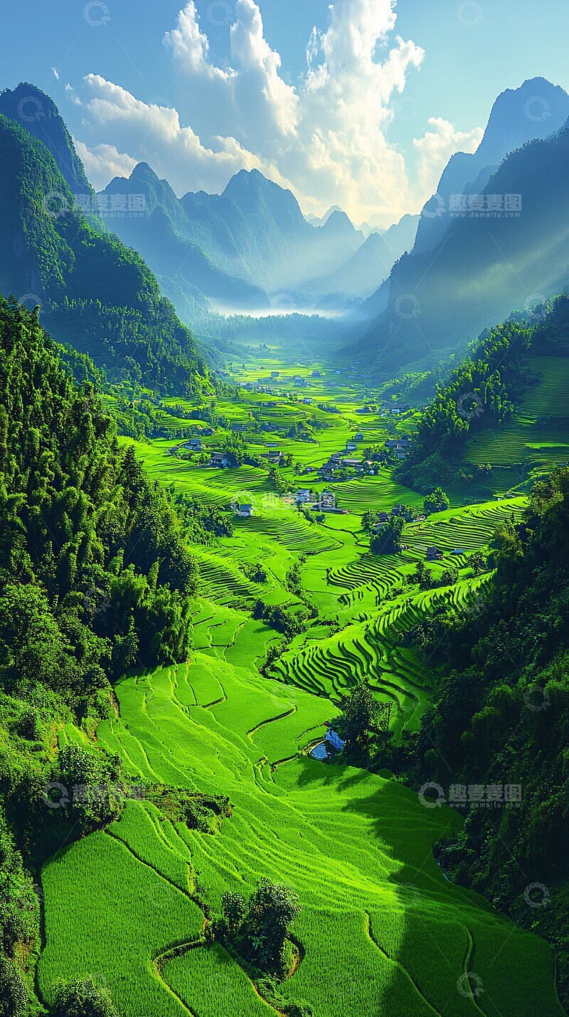 高清大图下载【趣麦麦图】梯田稻谷远山2