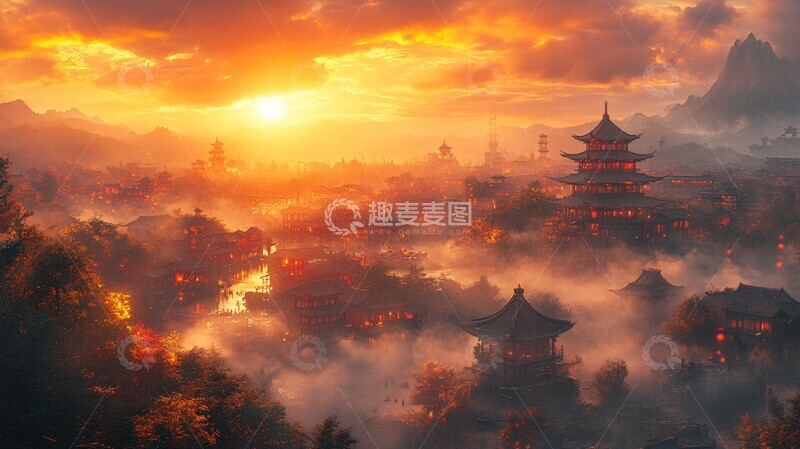 高清大图下载【趣麦麦图】山脚村庄夕照烟