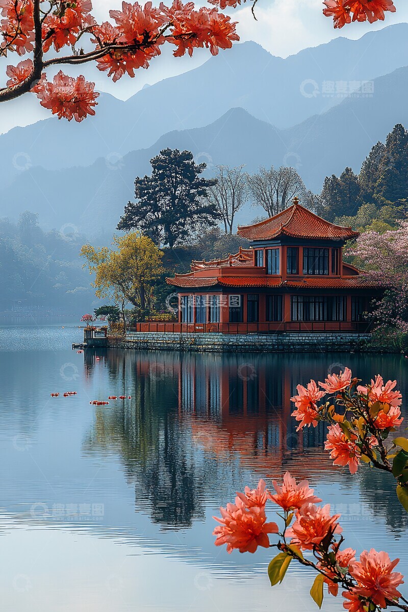 高清大图下载【趣麦麦图】湖畔花影映青山1