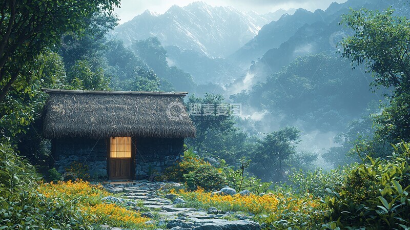 高清大图下载【趣麦麦图】茅屋茶园前茅屋茶园山景2