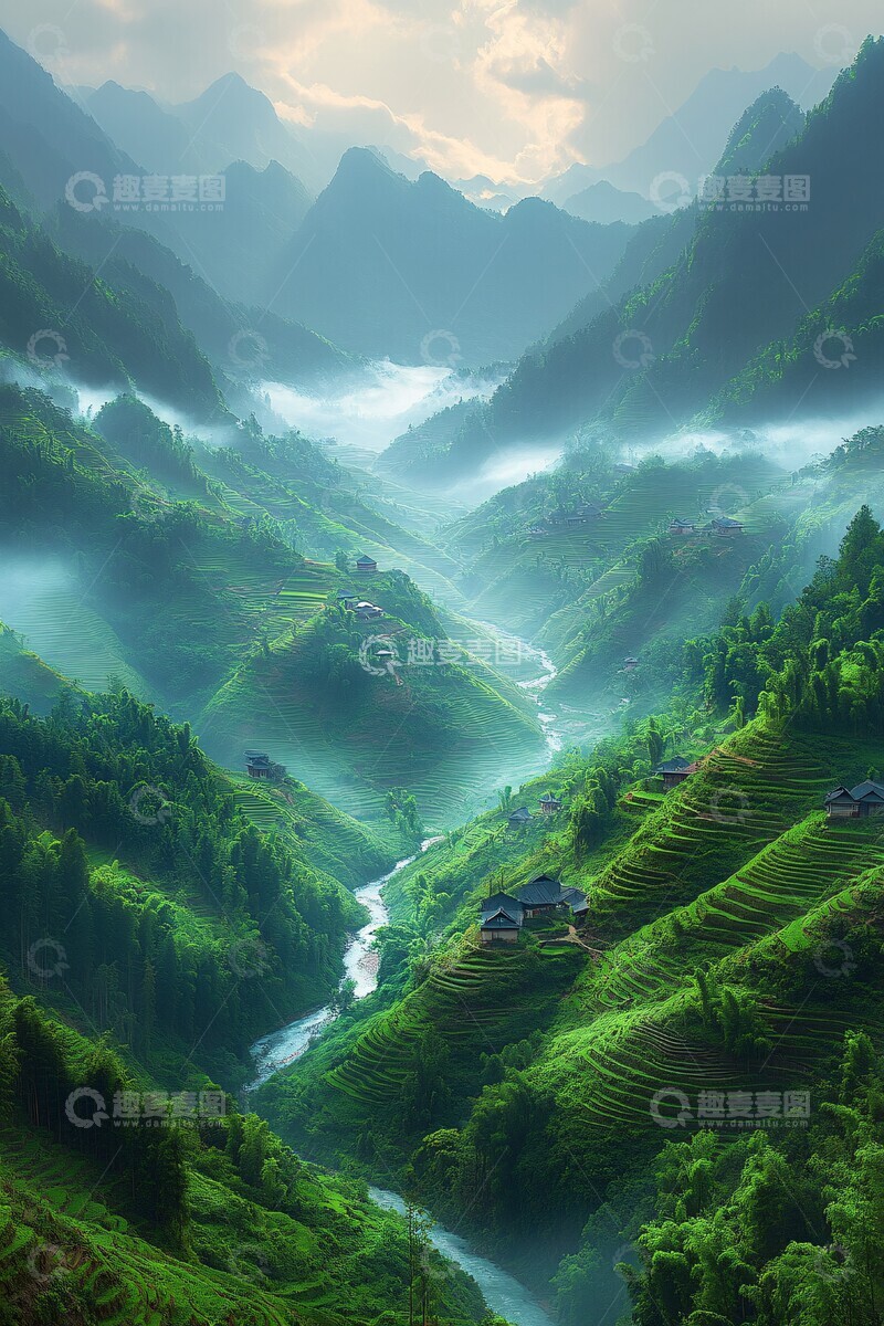 高清大图下载【趣麦麦图】山间云雾梯田流水2