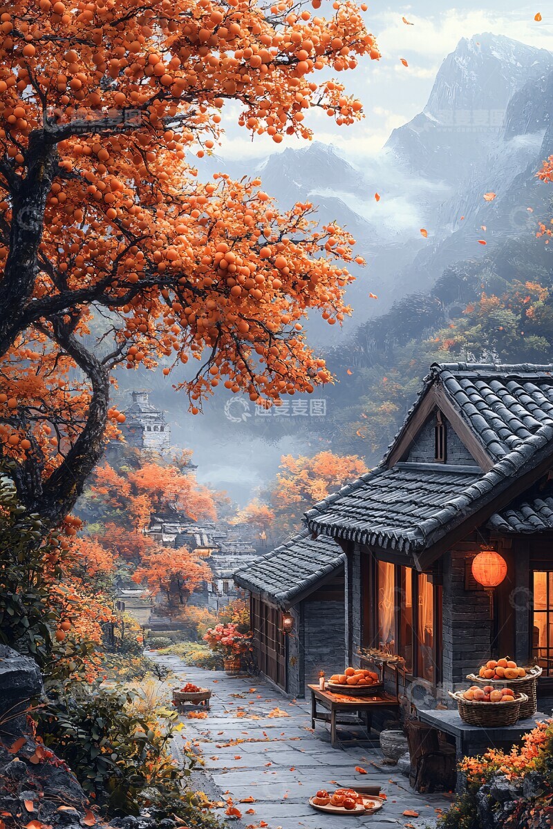 高清大图下载【趣麦麦图】院中柿树与月影1