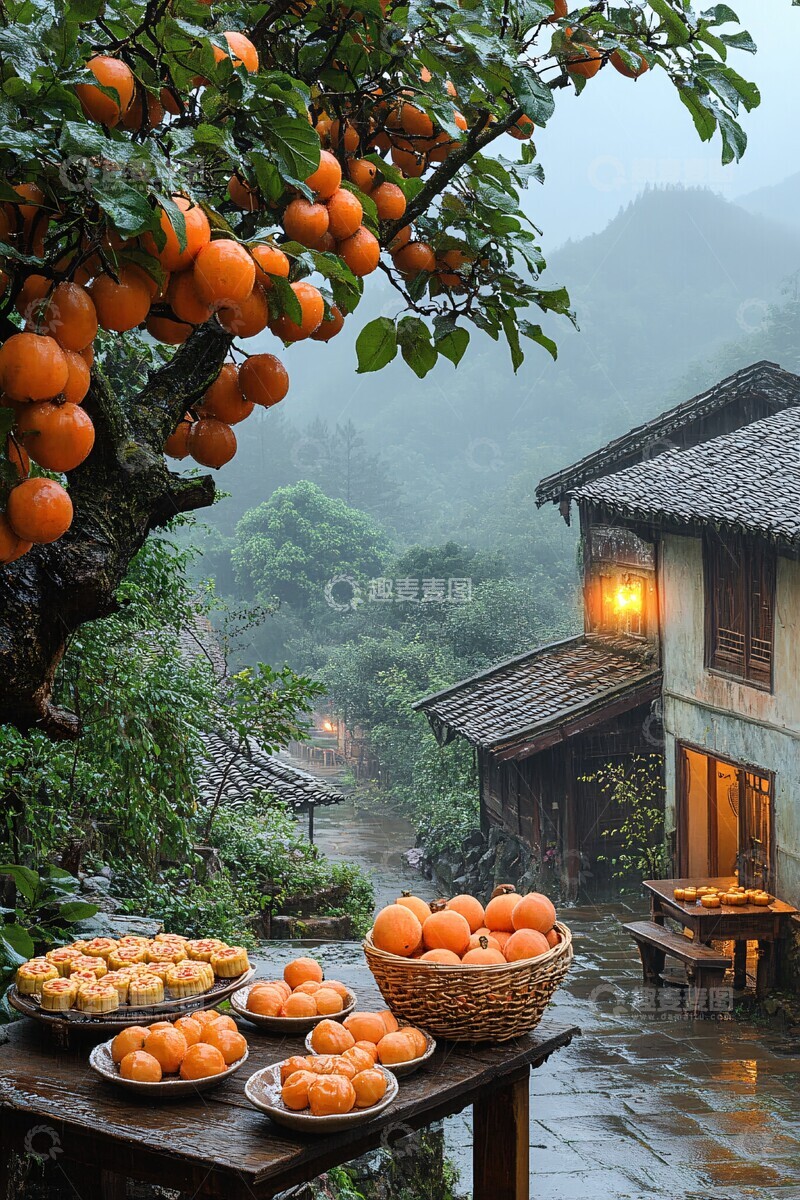 高清大图下载【趣麦麦图】院中柿树与月影