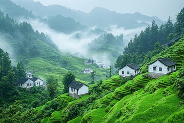 秋雨中的稻田村庄1
