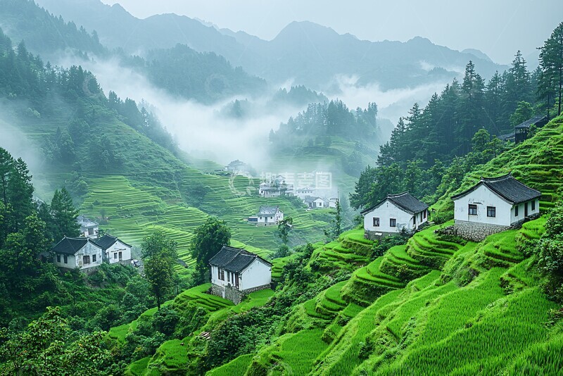 高清大图下载【趣麦麦图】秋雨中的稻田村庄1