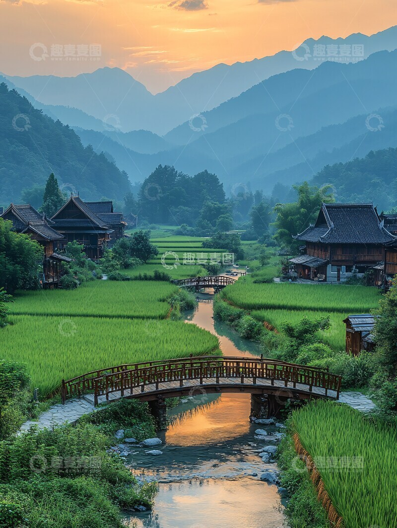 高清大图下载【趣麦麦图】村庄稻田小桥流水2