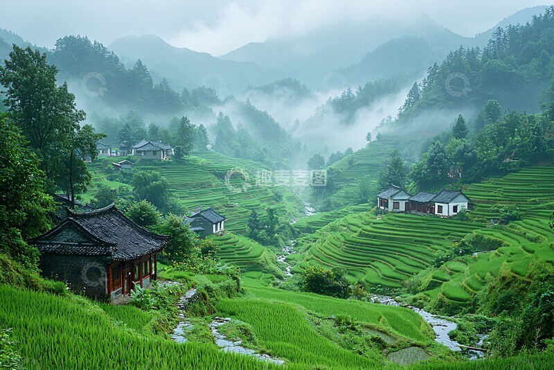 高清大图下载【趣麦麦图】秋雨中的稻田村庄