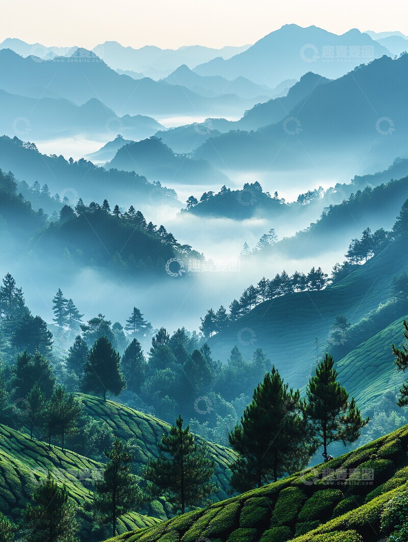 高清大图下载【趣麦麦图】茶园晨雾采茶人1