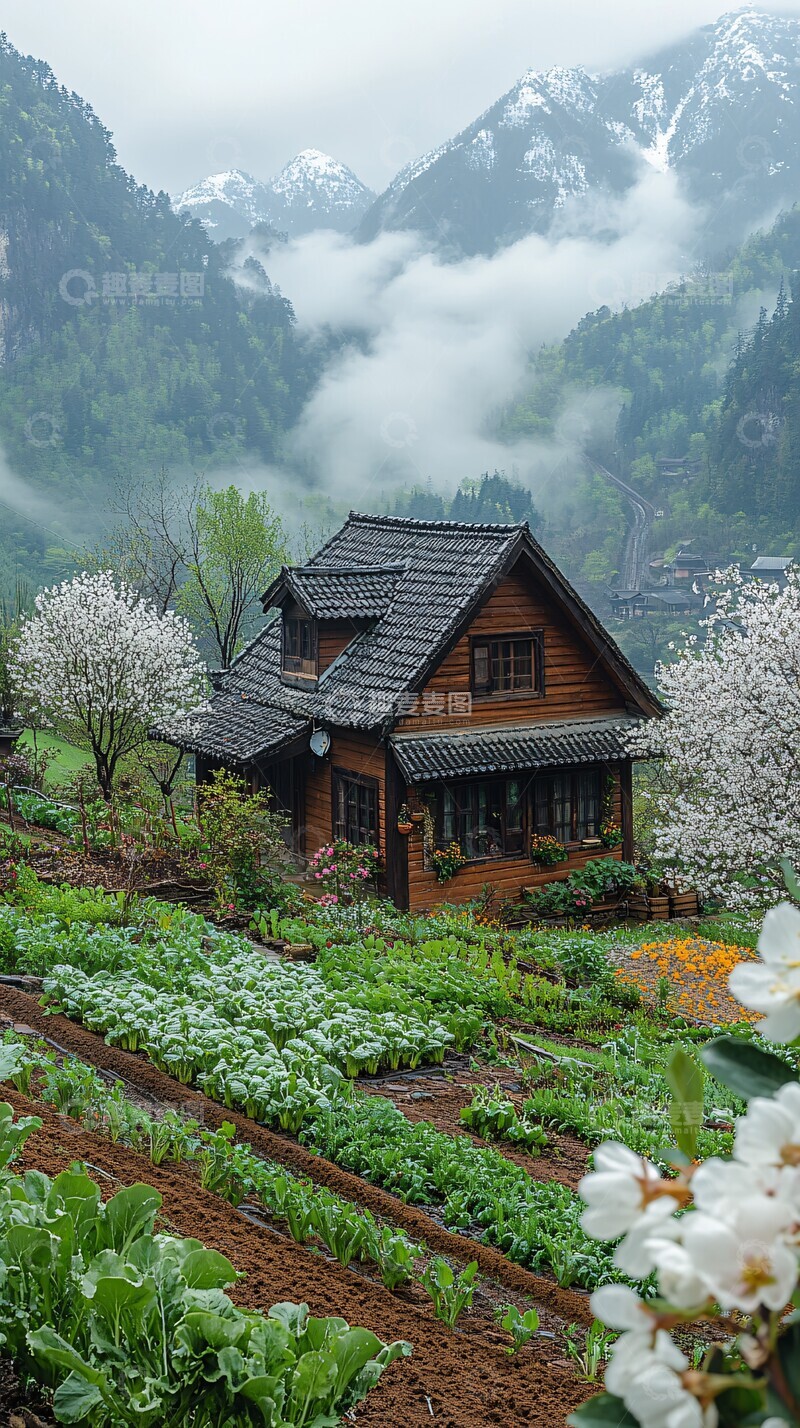高清大图下载【趣麦麦图】山村菜园梨花映