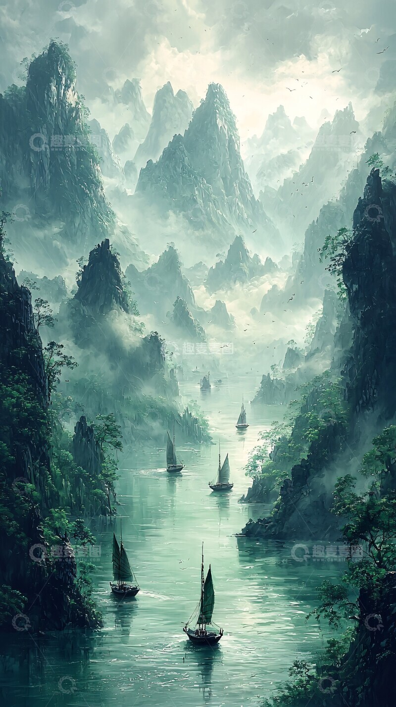 高清大图下载【趣麦麦图】江水青山帆影1