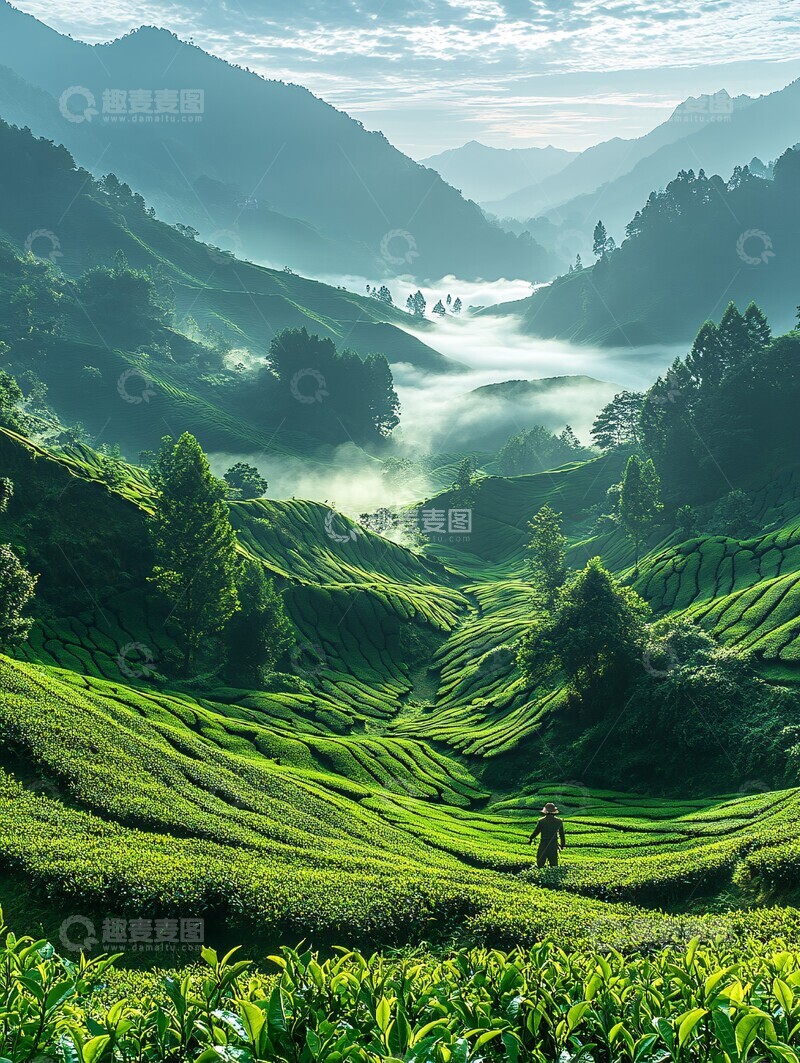 高清大图下载【趣麦麦图】茶园晨雾采茶人2