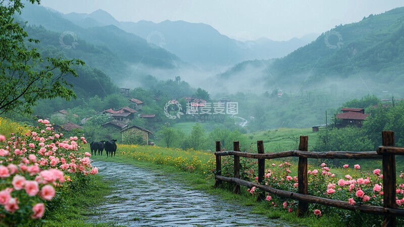 高清大图下载【趣麦麦图】春雨后石路玫瑰1