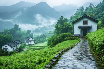 秋雨中的稻田村庄2