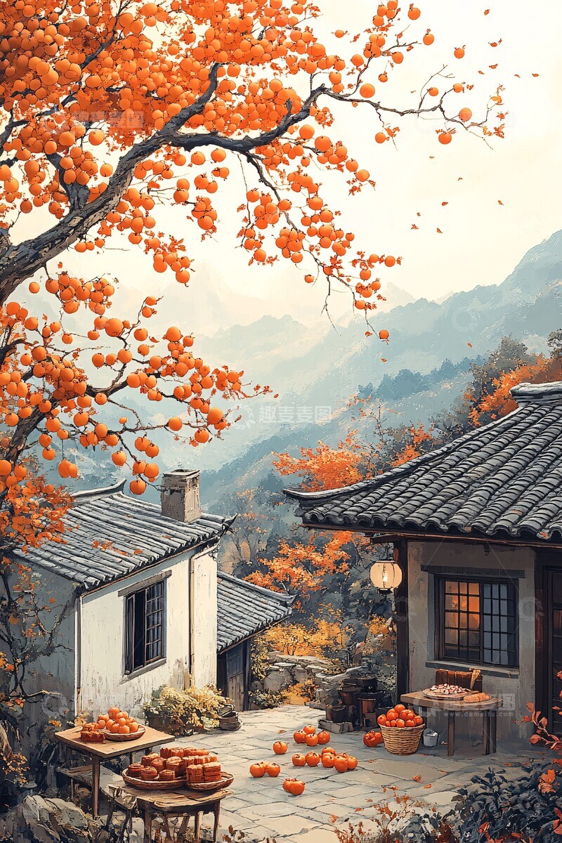 高清大图下载【趣麦麦图】院中柿树与月影2