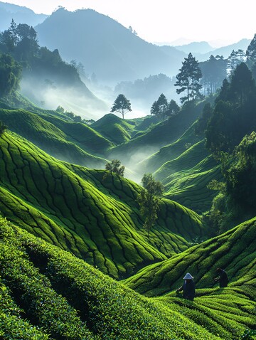 茶园晨雾采茶人