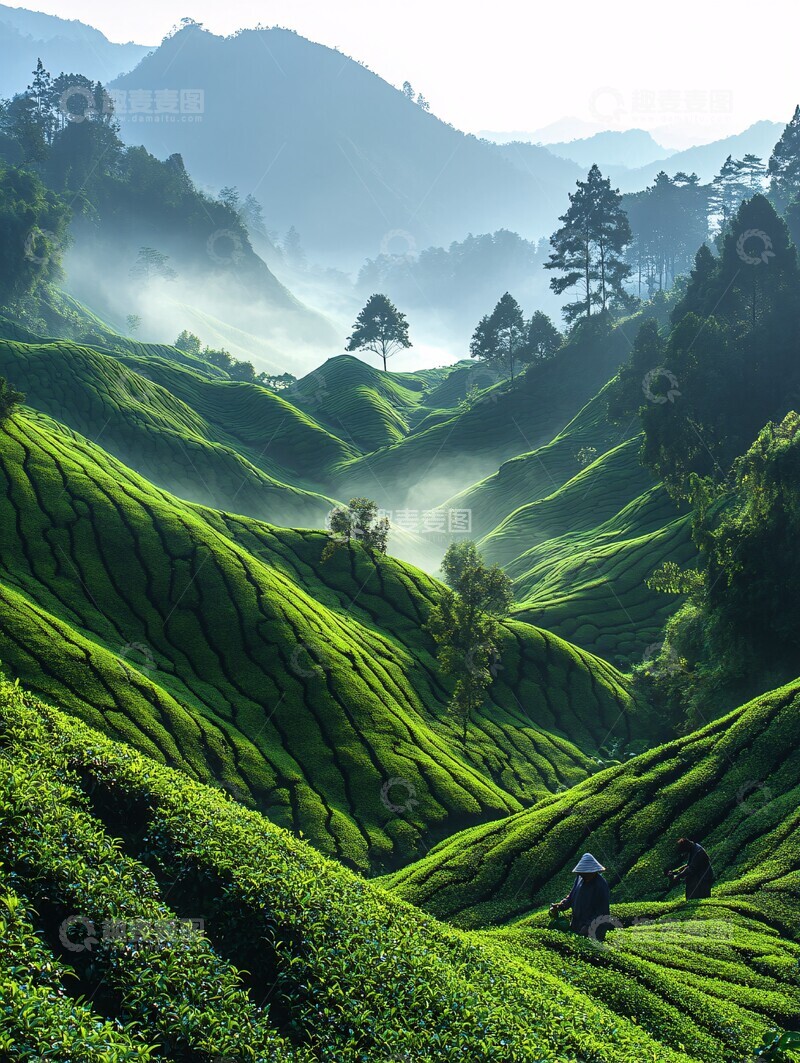 高清大图下载【趣麦麦图】茶园晨雾采茶人