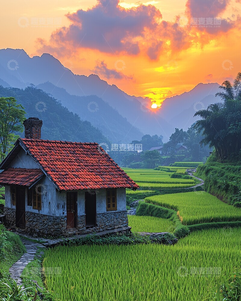 高清大图下载【趣麦麦图】红顶小屋夕照图