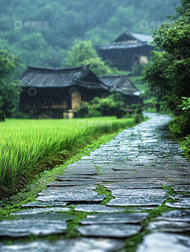 高清大图下载【趣麦麦图】雨中古村石径