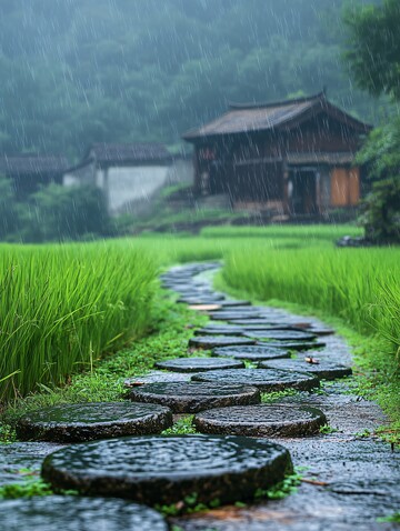 雨中古村石径1