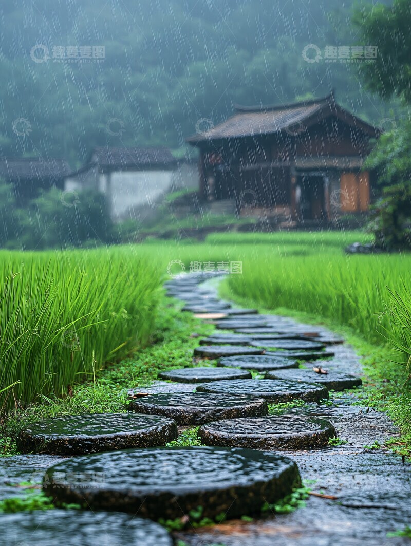 高清大图下载【趣麦麦图】雨中古村石径1