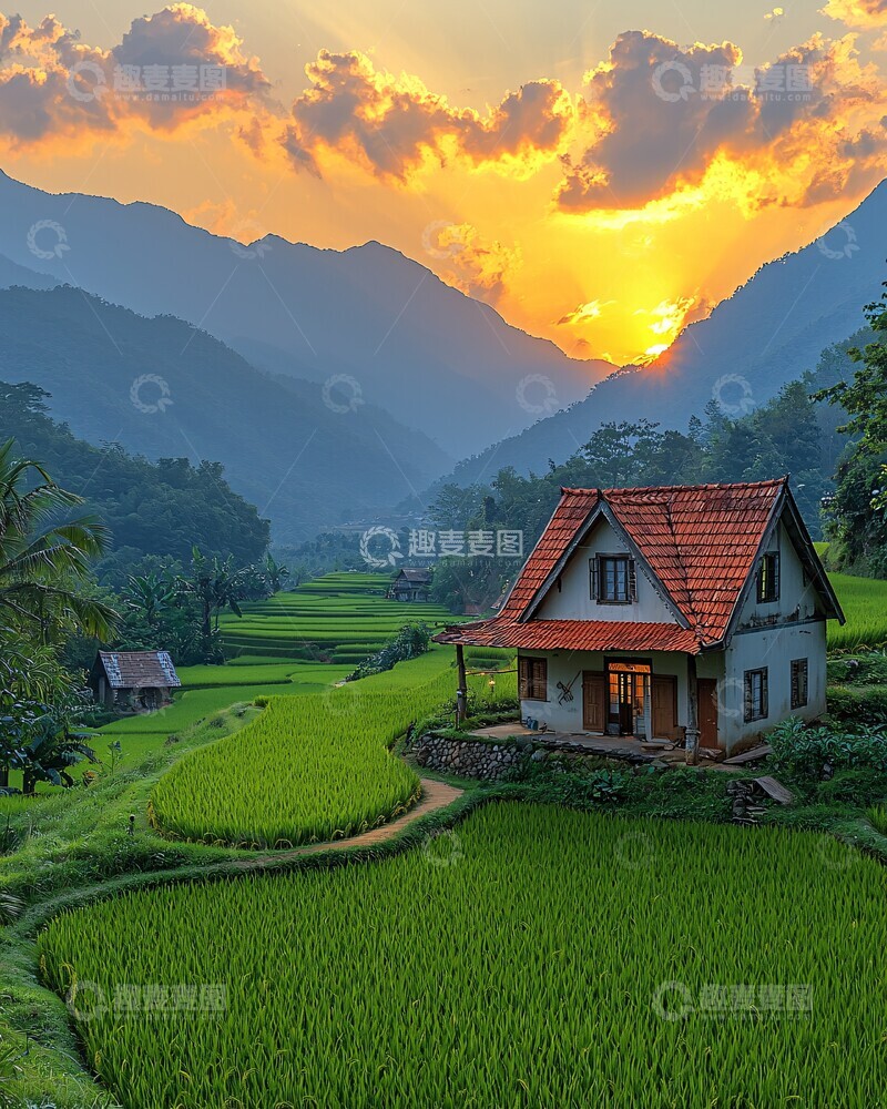 高清大图下载【趣麦麦图】红顶小屋夕照图1