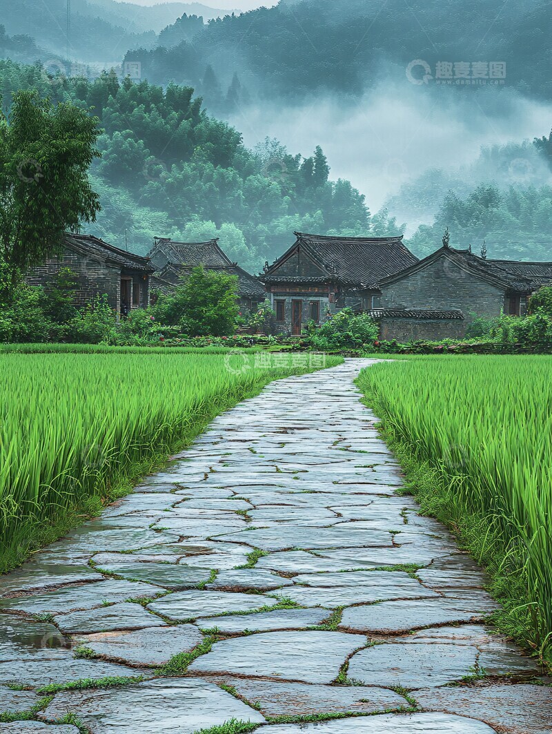 高清大图下载【趣麦麦图】雨中古村石径2