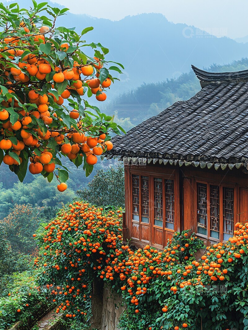 高清大图下载【趣麦麦图】柿子树与群山暮色1