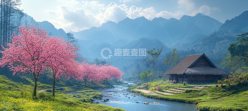 高清大图下载【趣麦麦图】桃树流水茅草屋