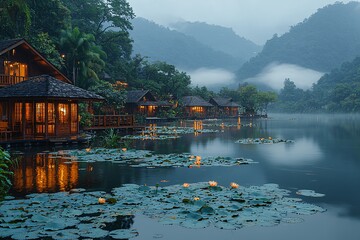 荷花映照暮色水