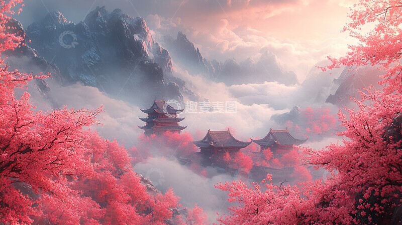 高清大图下载【趣麦麦图】梅花古建云烟图2