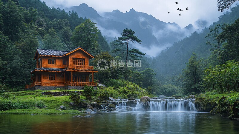 高清大图下载【趣麦麦图】山村木屋溪边美人