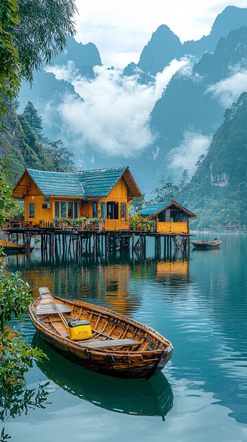 湖面船屋静谧景1