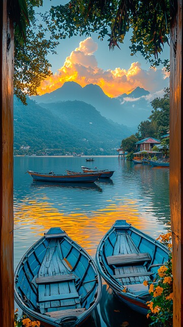 湖面船屋静谧景