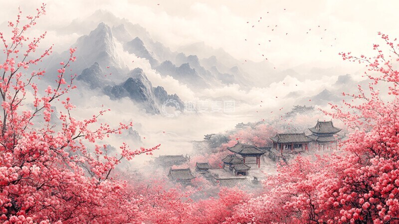 高清大图下载【趣麦麦图】-梅花古建云烟图1