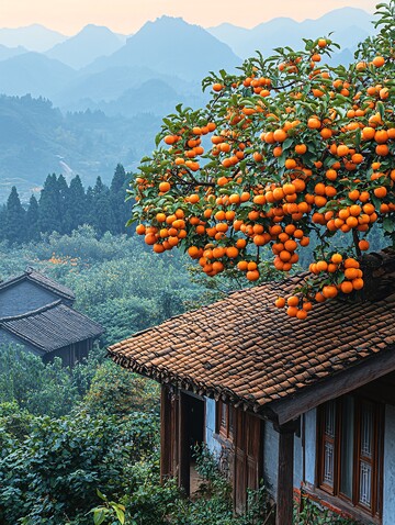 柿子树与群山暮色