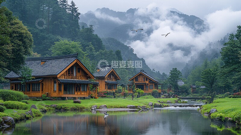 高清大图下载【趣麦麦图】山村木屋溪边美人3