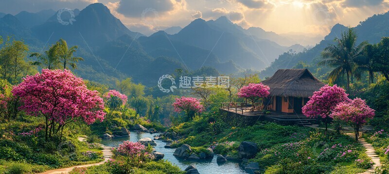 高清大图下载【趣麦麦图】桃树流水茅草屋2