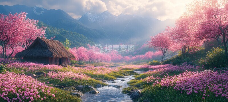 高清大图下载【趣麦麦图】桃树流水茅草屋1