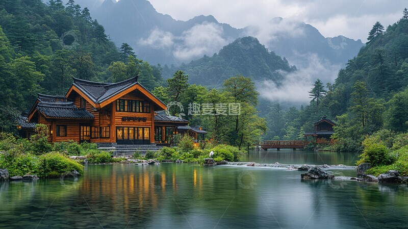 高清大图下载【趣麦麦图】山村木屋溪边美人2